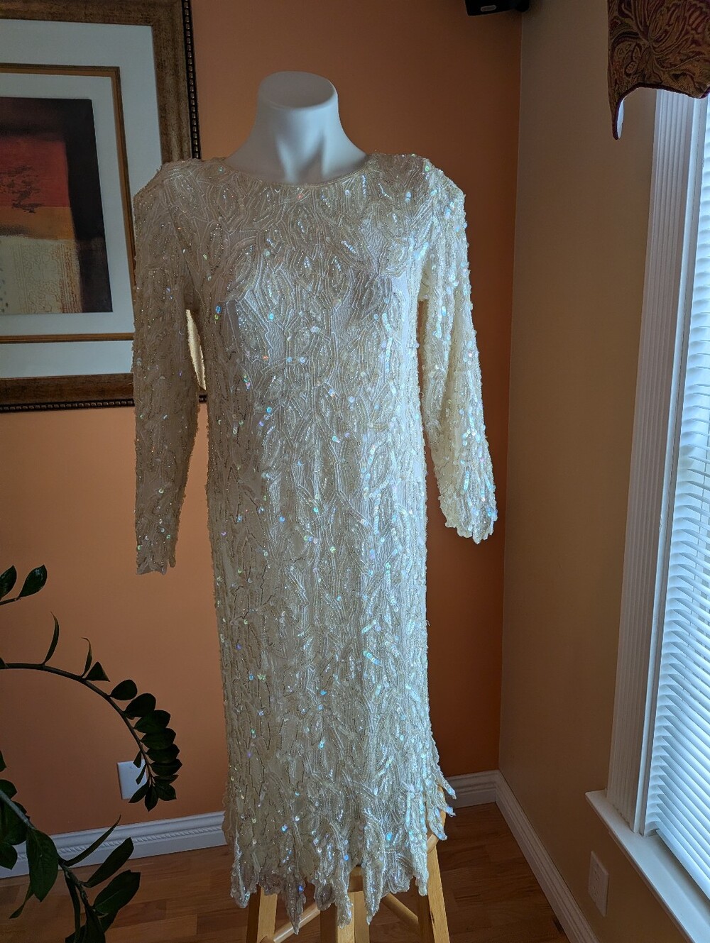 Vintege Illustrations  Silk Ivory Beaded Long Sleeve Evening Dress Size M